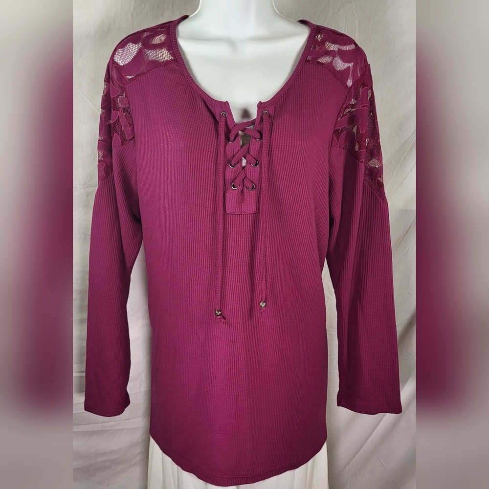 STYLE & CO Magenta Laceup Front Waffle Knit Scoop Neck Top - Size 2X or 18W